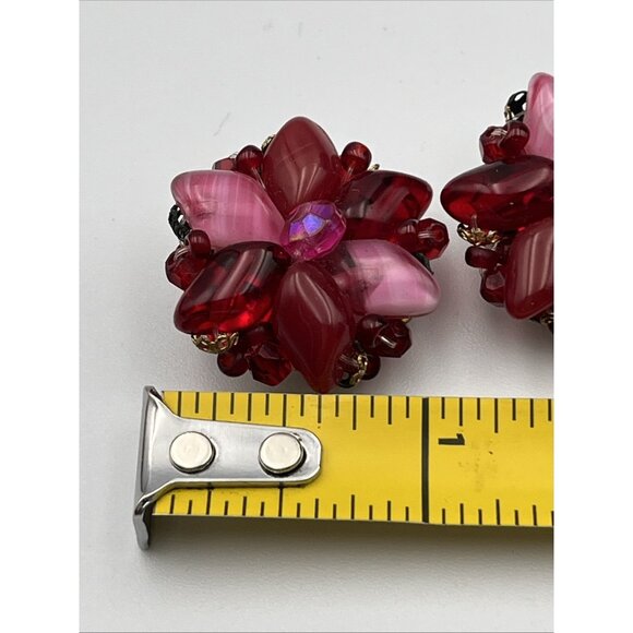 1950s Vintage West Germany Clip On Stud Earrings Pink Cranberry Glass Beads - Picture 4 of 4